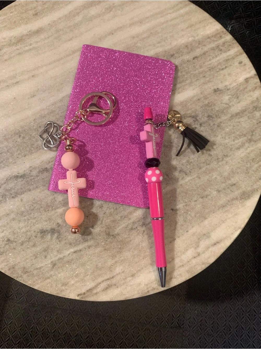 Pink Beaded Pen and Keychain Set with Cross Charm